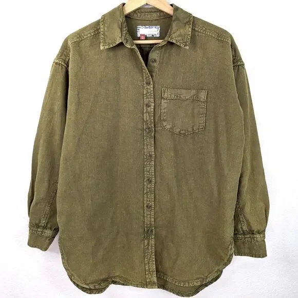 Anthropologie Pilcro Oxford Tunic Buttondown Shirt Olive Green Oversized XXS - Picture 2 of 7